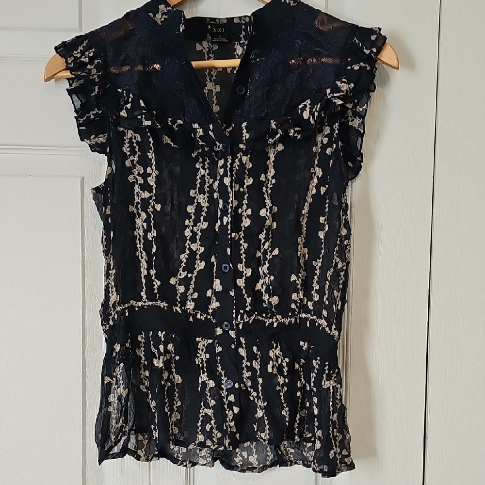 XXI Sheer Navy Floral Lace Ruffle Blouse – Size L